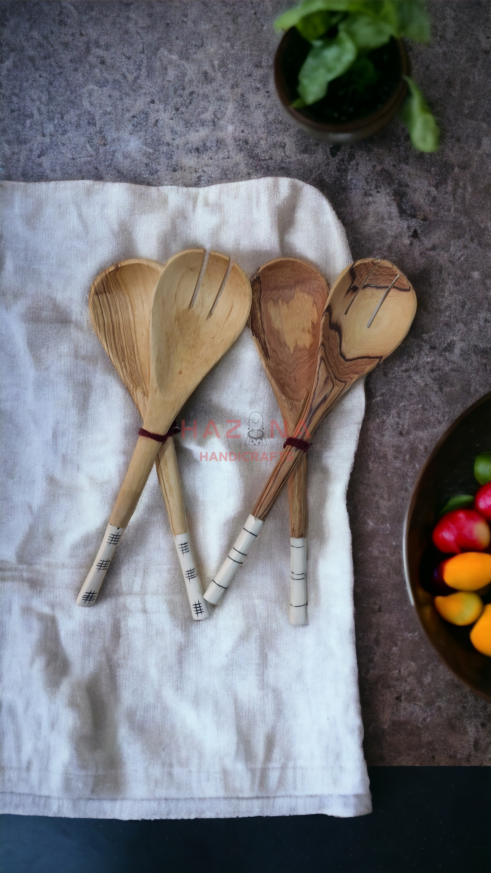 Oval bone inlay salad servers