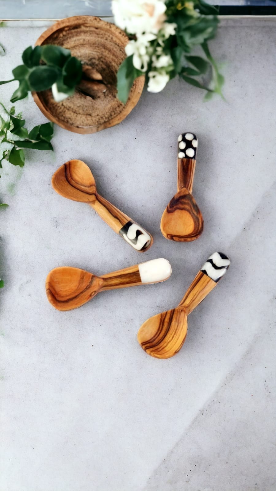 Tiny wood and bone sugar spoons